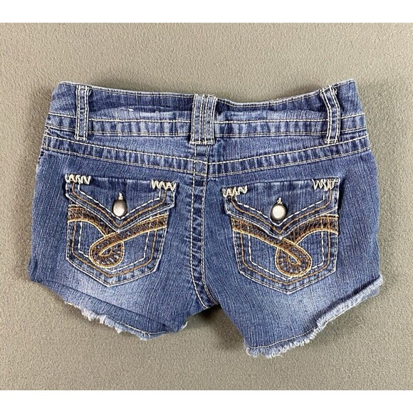 SO Shortie Cut Off Shorts 26x2 Blue Flap Pockets Embellished Booty Juniors Tag 1 - Picture 2 of 11